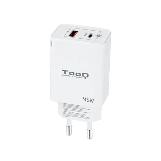 CARGADOR PARED/VIAJE GaN USB-C/PD + USB-A/QC 45W BLANCO TOOQ